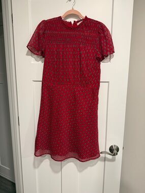 LOFT Red Printed Short Sleeve Midi Dress